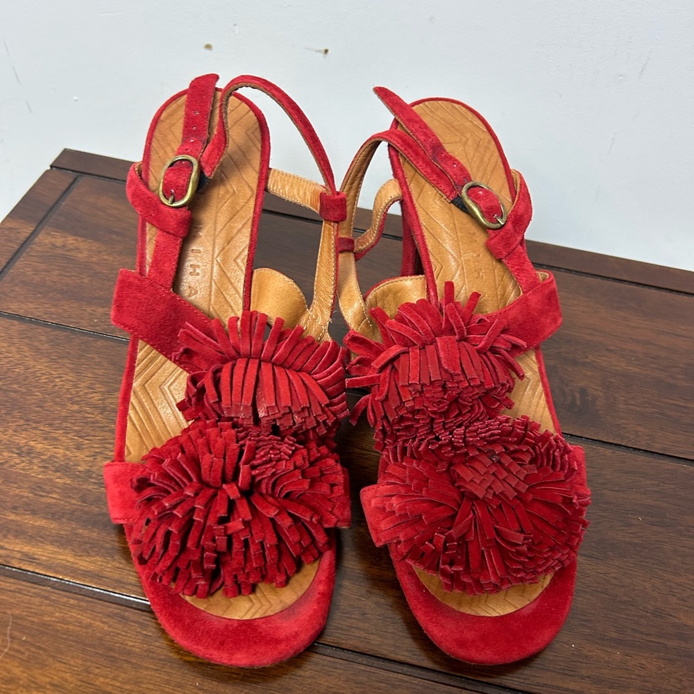 CHIE MIHARA MADE IN SPAIN RED POM POM HEELS SUEDE LEATHER STRAPS SANDALS 38